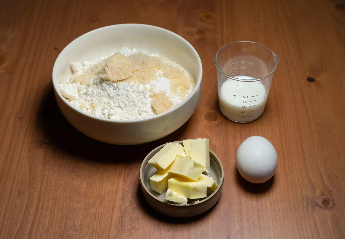 Zutaten wie Mehl, Eier und Butter auf einer Küchenarbeitsplatte