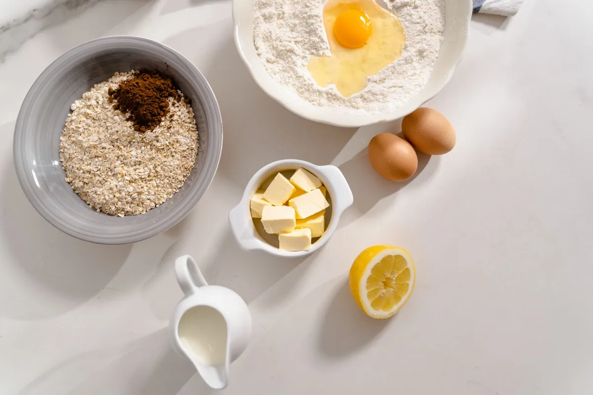 Aufsicht auf Backzutaten: Haferflocken mit Kakao, Mehl mit Eigelb, Butterwürfel, Eier, Milchkännchen und halbe Zitrone.