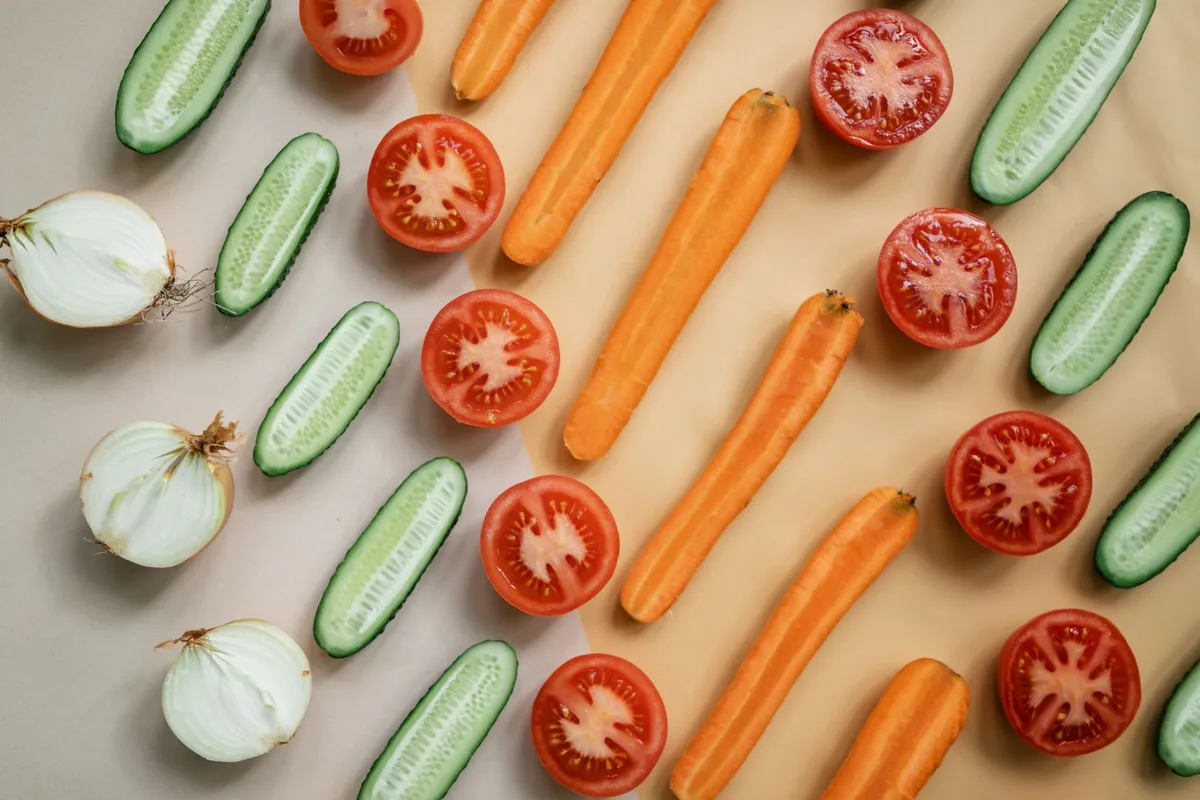 Halbierte Gurken, Tomaten und Zwiebeln und längs geschnittene Karotten liegen in Reihen auf beigem Untergrund.